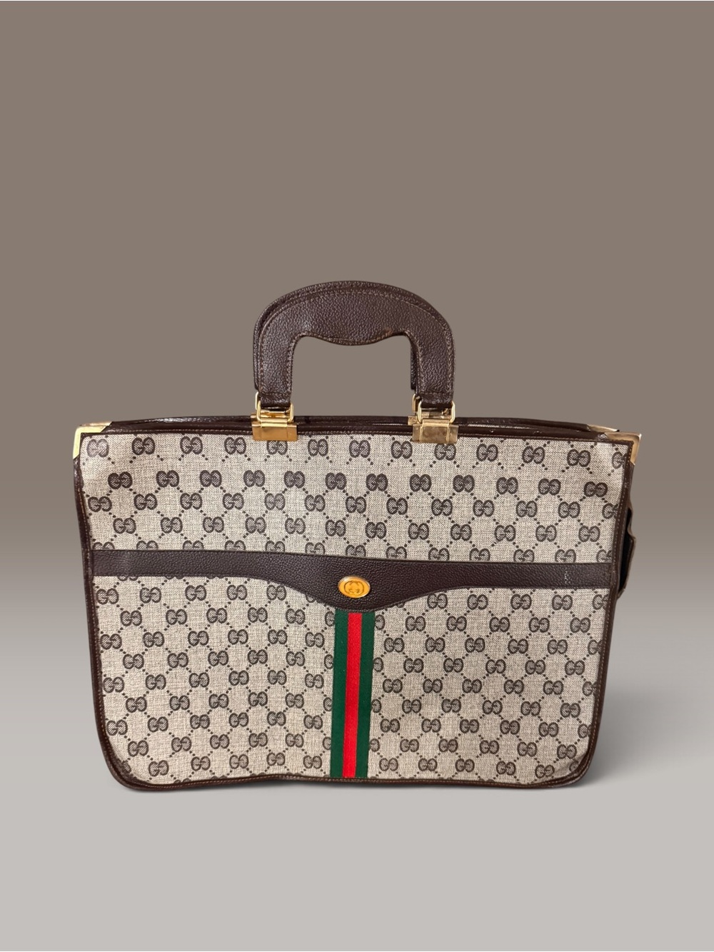 Vintage 1980s Gucci Beige GG Supreme Briefcase with Brown Trim and Green-Red Web